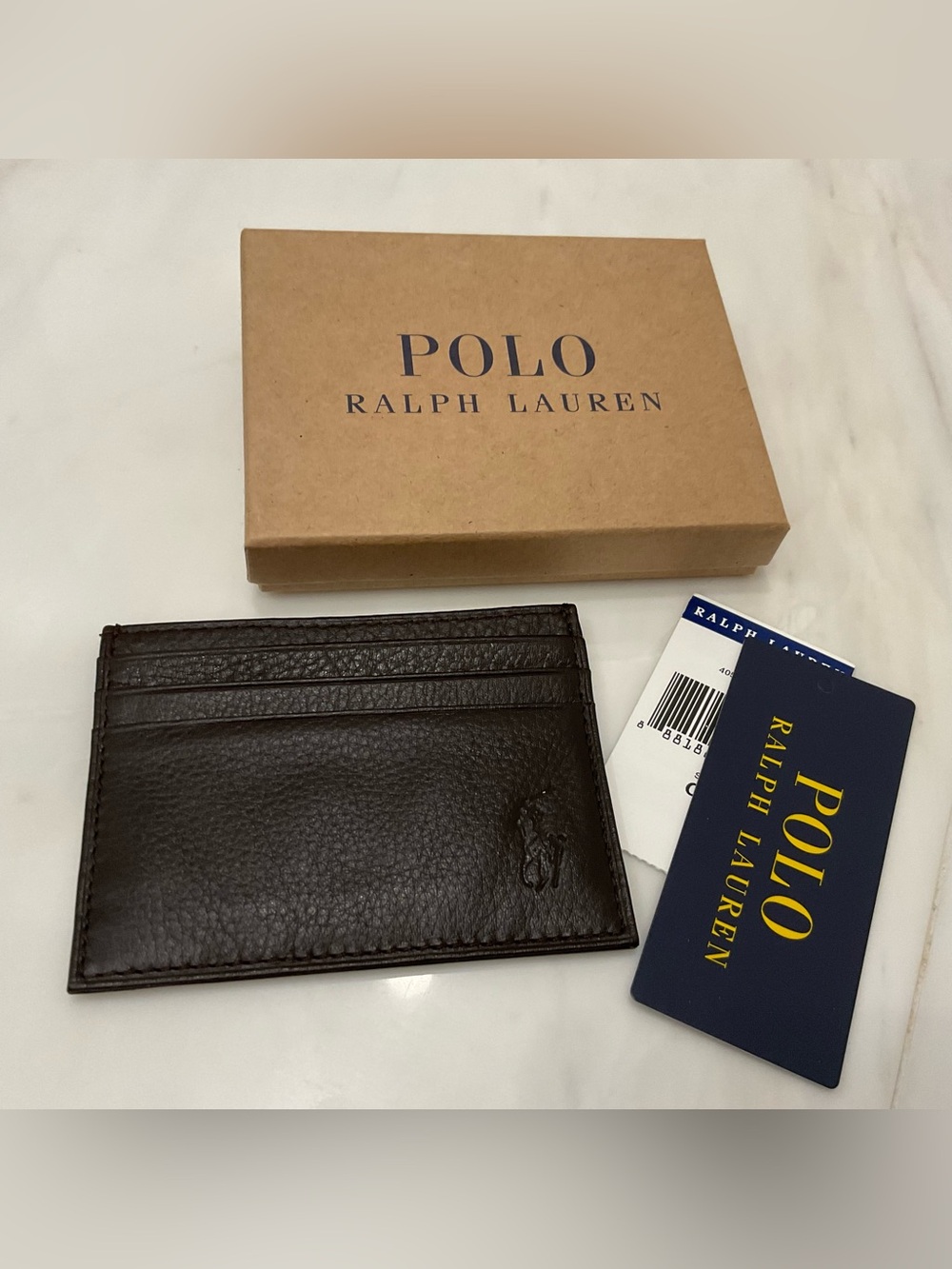 NEW Polo Ralph Lauren BIG PONY Pebbled Leather Slim Card Case Wallet - BROWN